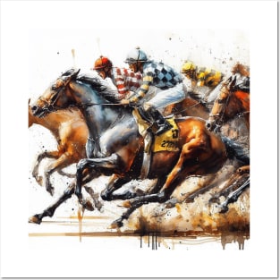 Artistic illustration of horses neck and neck in a horse race. Posters and Art